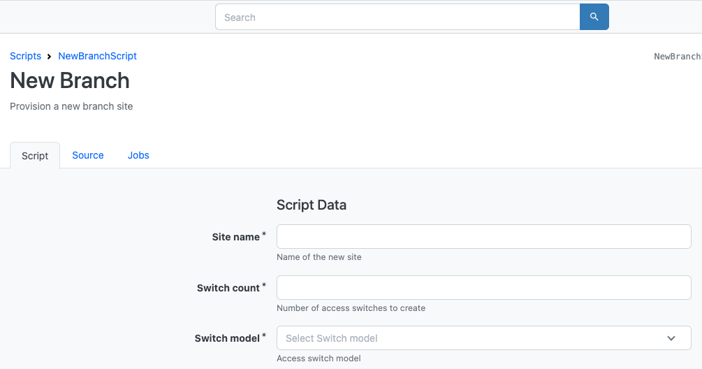 A screenshot showing how to create a new branch custom script in NetBox